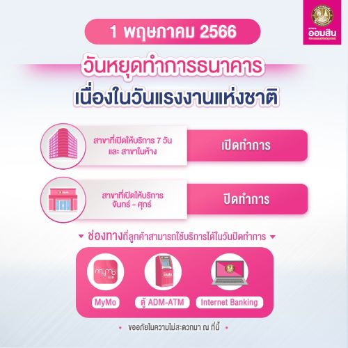 วันที่ 1 พฤษภาคมธนาคารในห้างหยุดไหม วันแรงงานธนาคารหยุดไหม 2566 วันหยุดธนาคาร 2566 ออมสิน ธนาคารออมสิน สาขาที่เปิด เสาร์ อาทิตย์ 2566